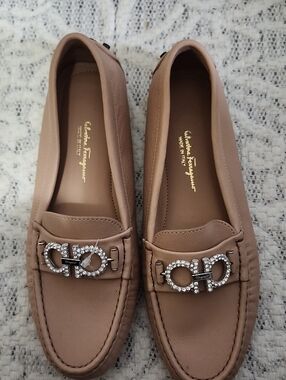 Salvatore Ferragamo Pink-Tan Leather Crystal Gancini Loafers